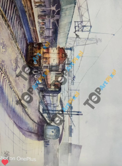 Railway station watercolor painting