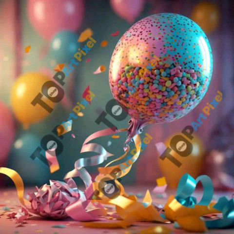 A balloon with confetti and streamers